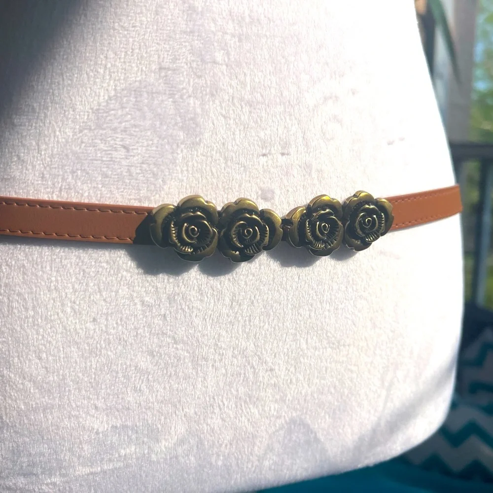 Brown Leather Adjustable Belt with Antique Gold Rose Buckle